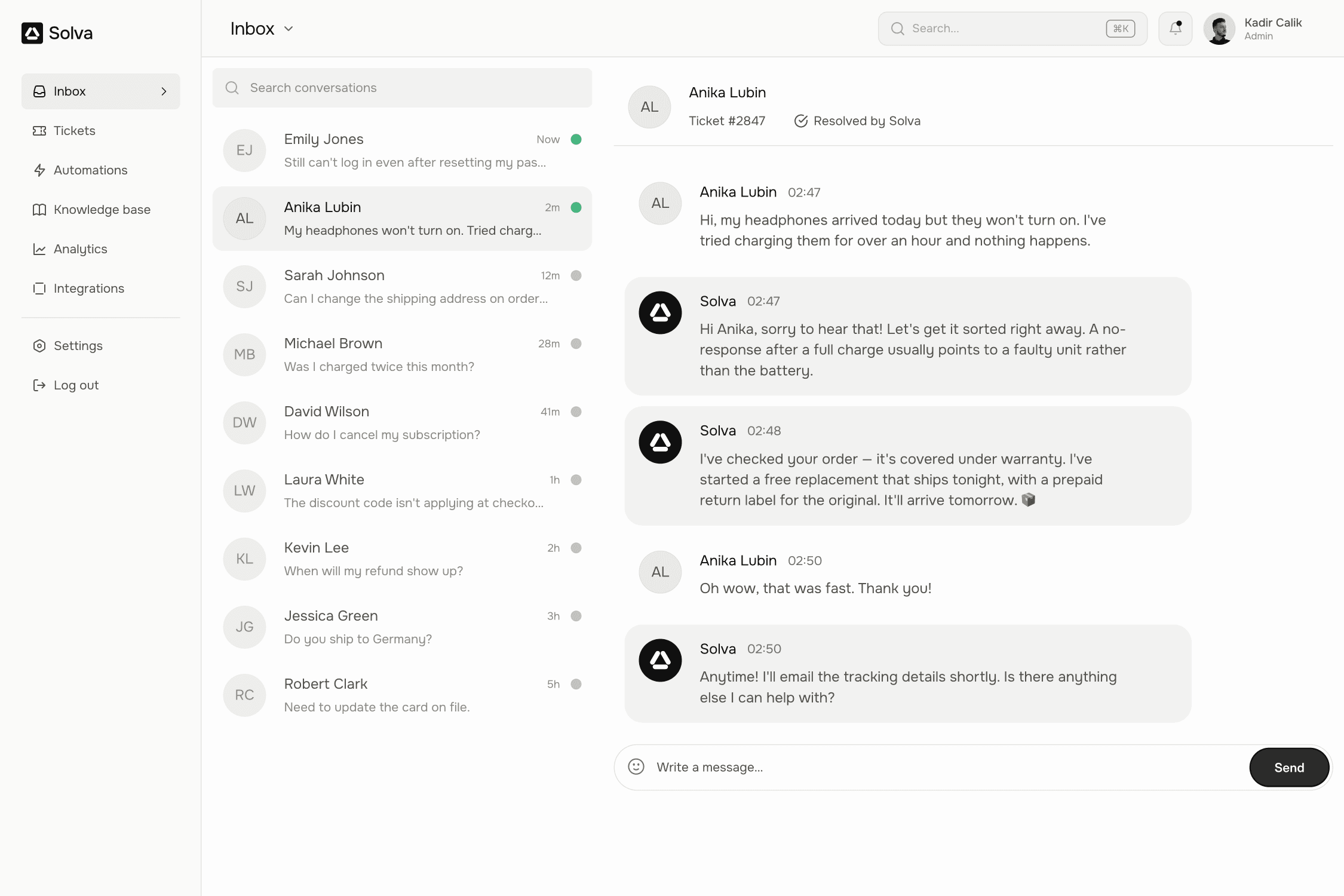 Silver automatically resolving a customer ticket